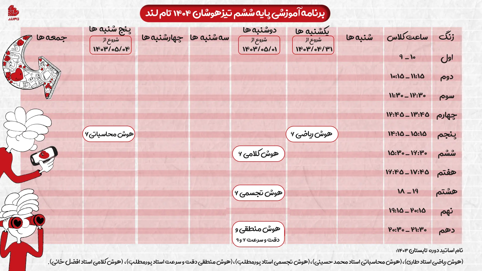 جدول زمانی برنامه آموزشی دوره تیزهوشان ششم تام لند ۱۴۰۴